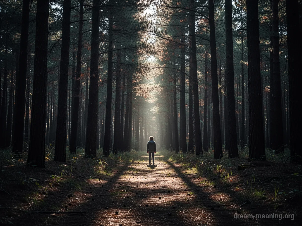 A person standing at the edge of a dark, shadowy forest.