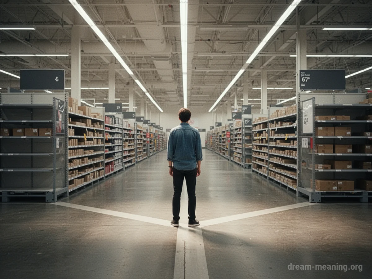 A person stands at an intersection of aisles in a large, empty store.