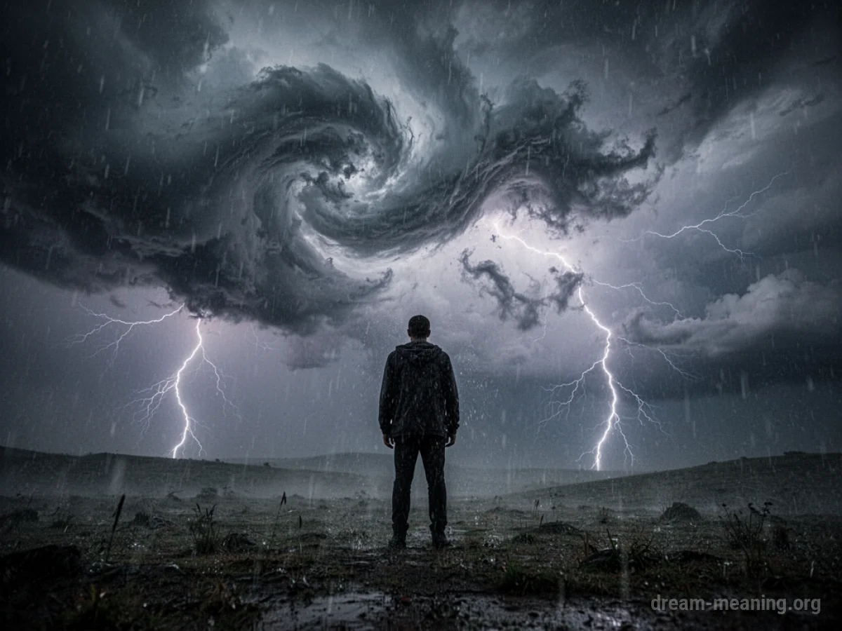 Silhouette of a person in a dark, stormy environment with rain and wind.