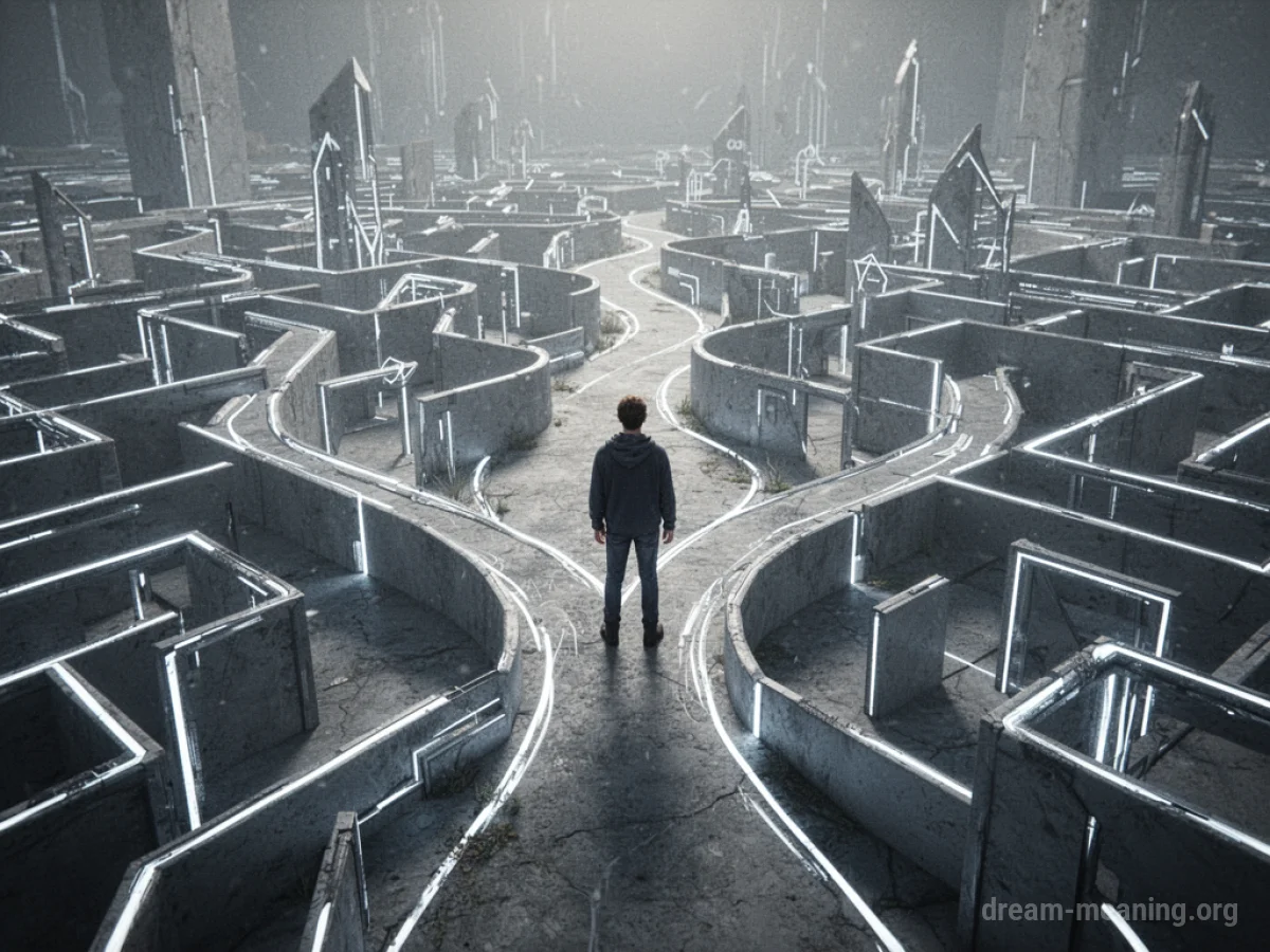 A person at a crossroads within a glowing, geometric maze.