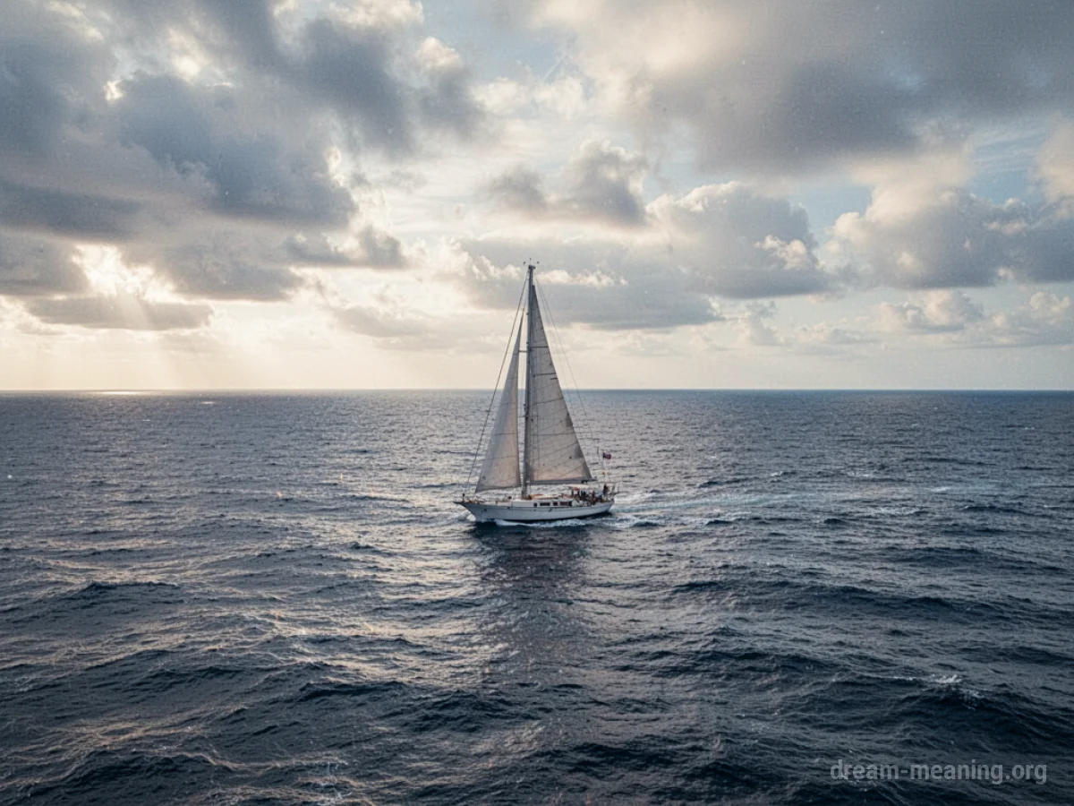 A small sailboat floating in the middle of a wide, overcast sea.