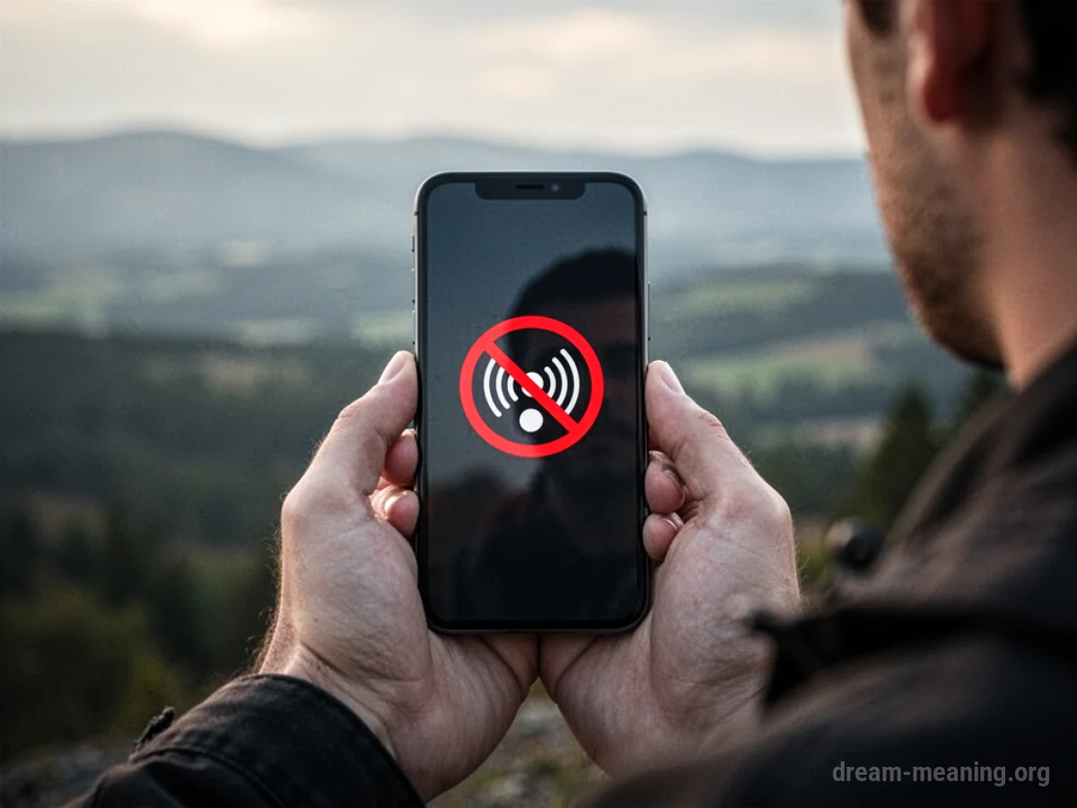 A hand holding a mobile phone displaying a no signal icon.