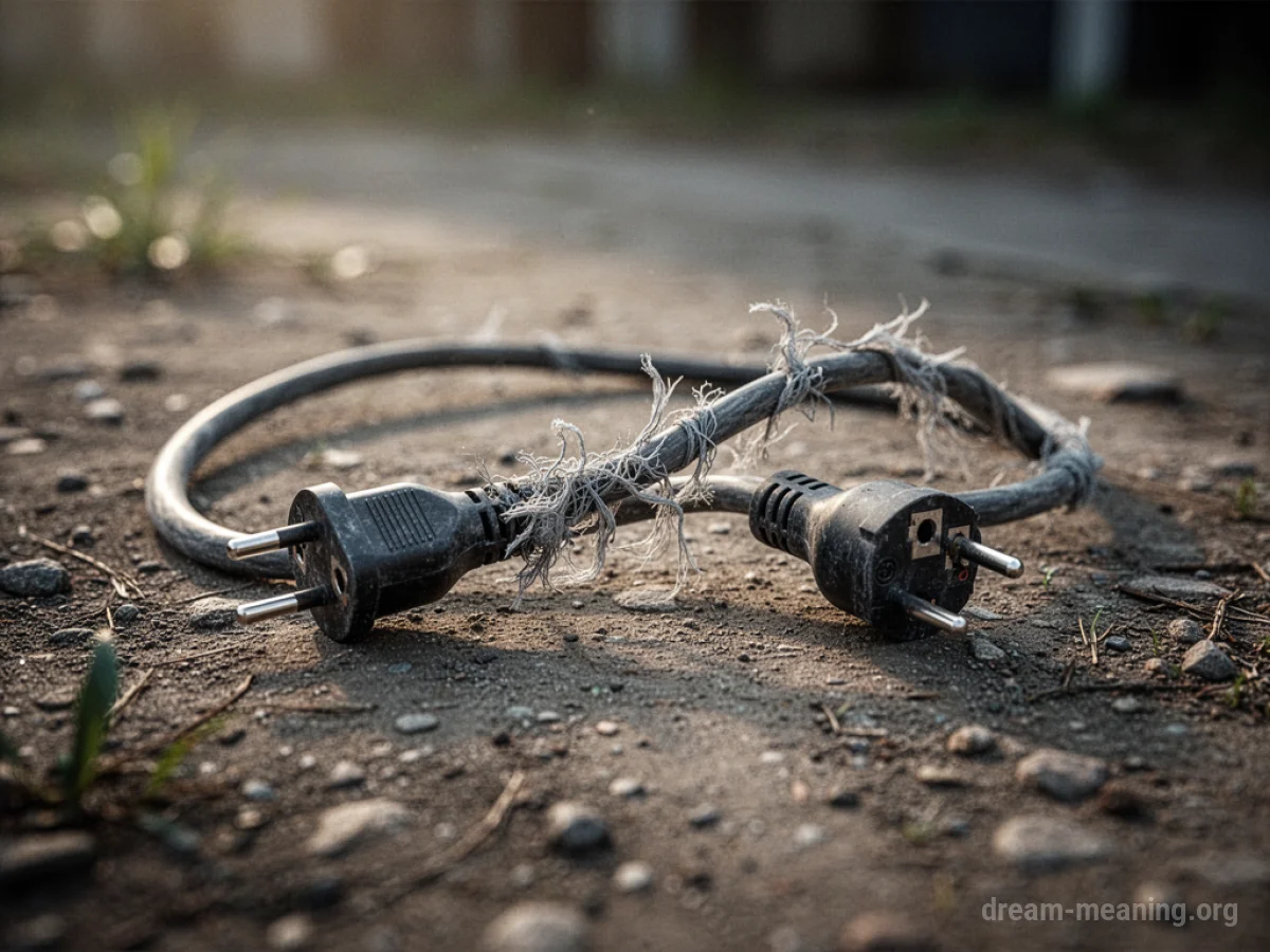 A frayed electrical cord disconnected from a wall socket.
