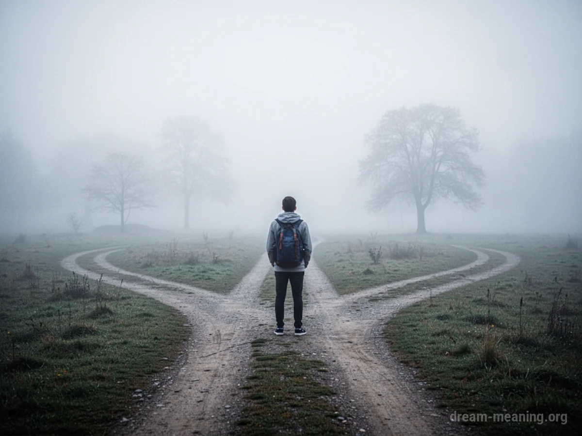 A student figure at a foggy crossroads.