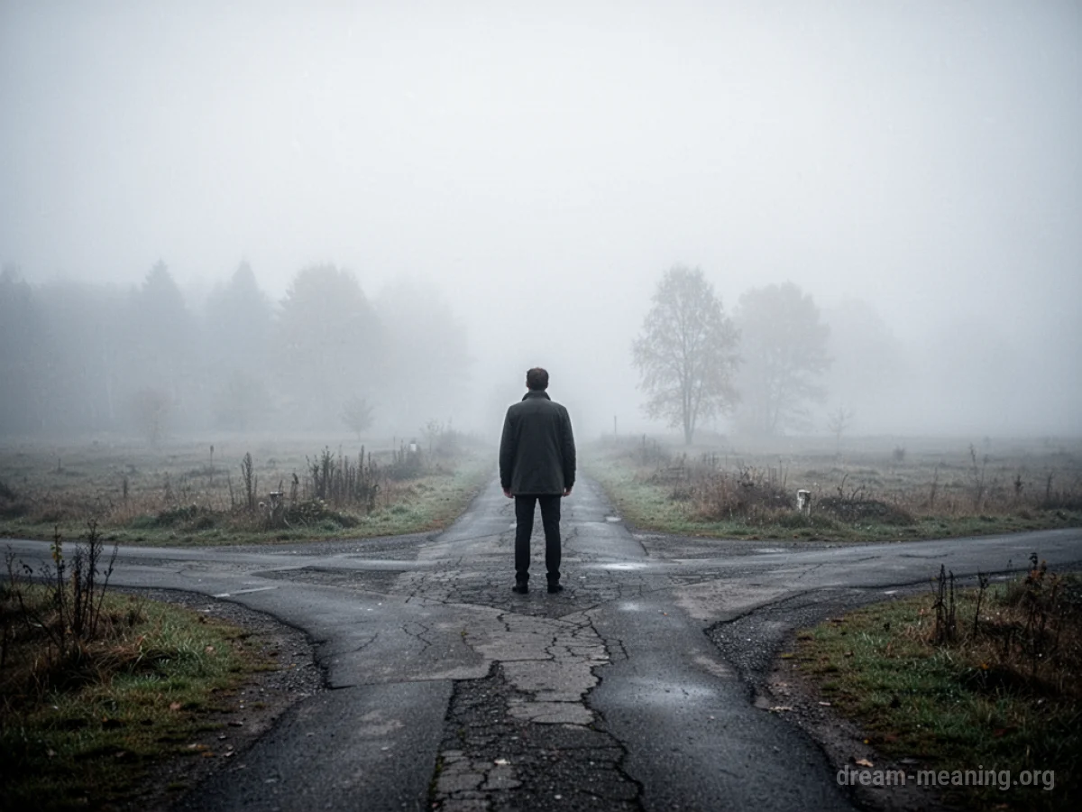 A person stands at a fork in a foggy path.