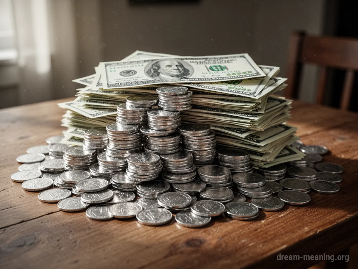 A large pile of silver coins and banknotes.