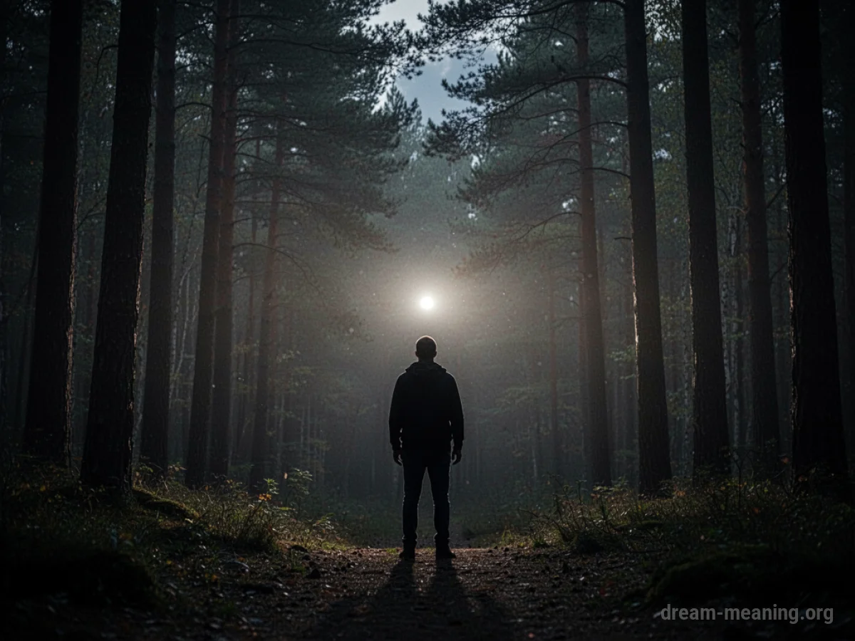 A person silhouetted against a bright light in a dark forest.