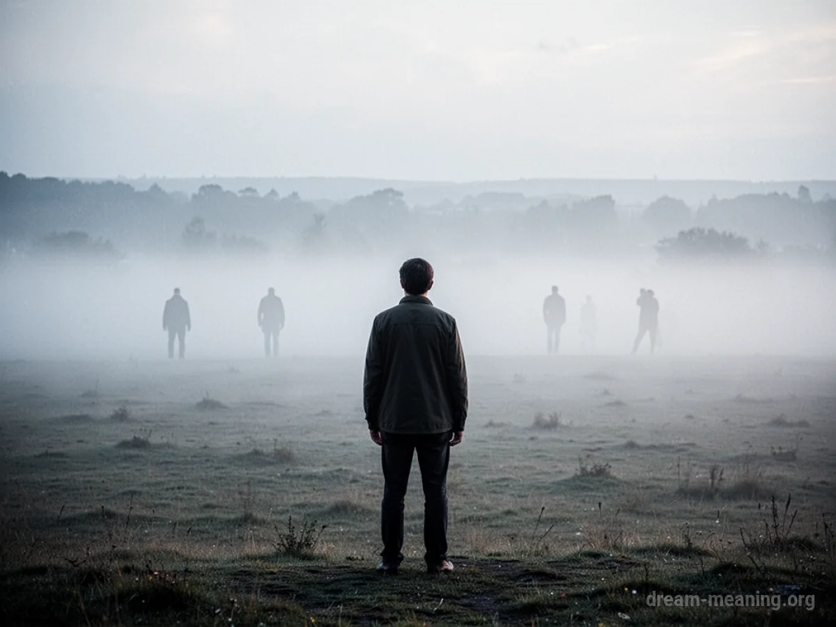 A lone person viewed from behind, facing a hazy horizon with faint, indistinct shapes of people.