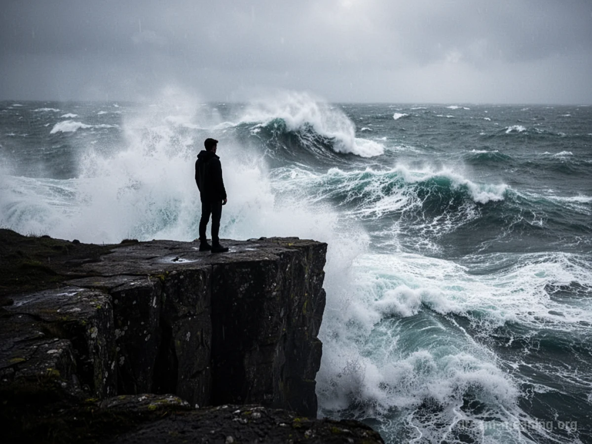Silhouette of a person standing on a cliff overlooking a stormy sea.