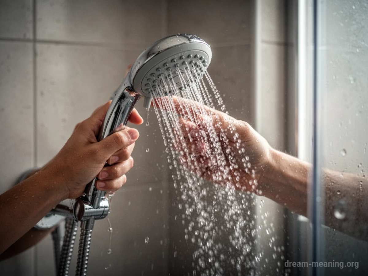 A hand reaching for a shower head from which only a trickle of water is falling.