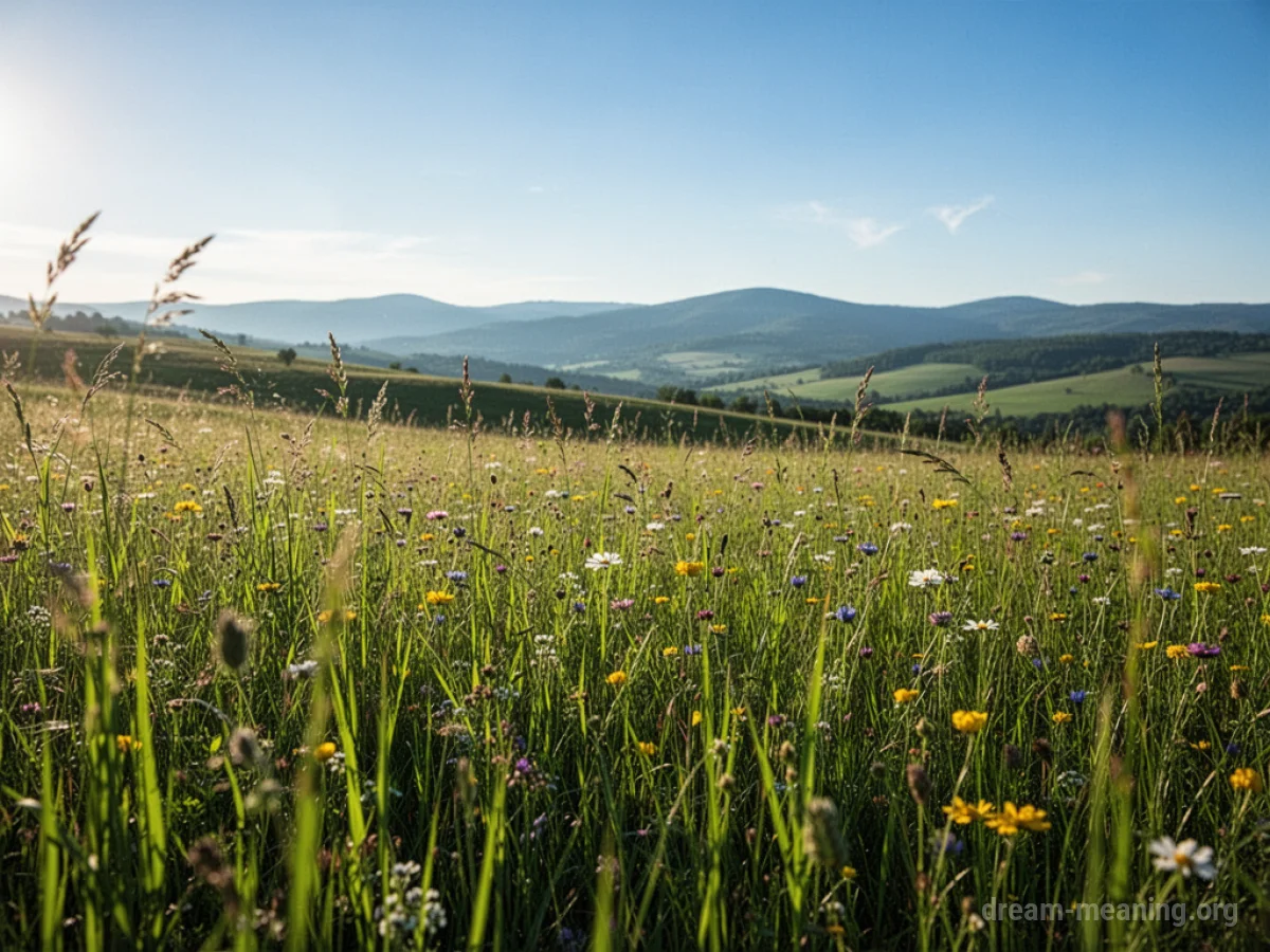 A sunlit meadow with green grass and wildflowers.