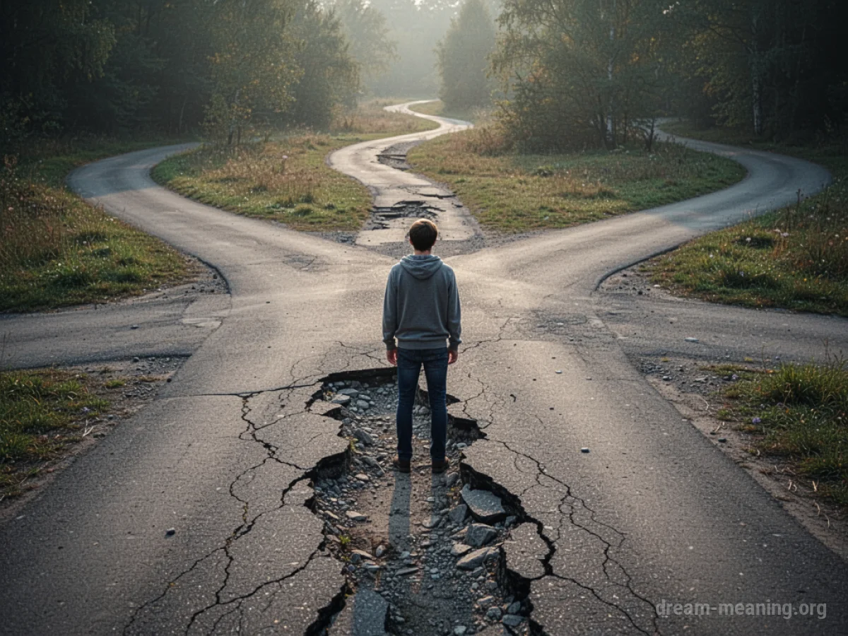 A person at a crossroads with several paths, one path appears unstable.