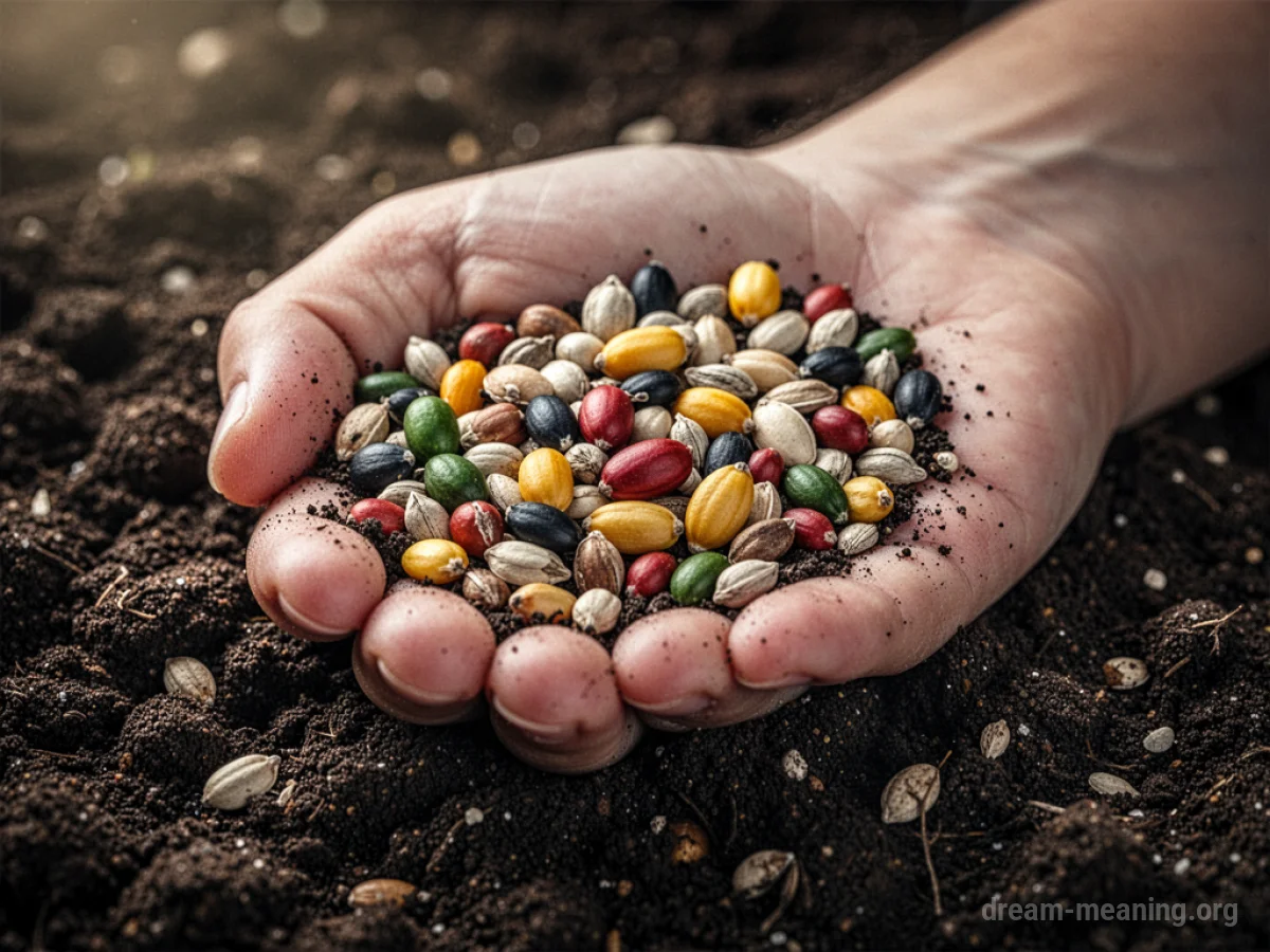 A collection of various seeds in a person's open palm.
