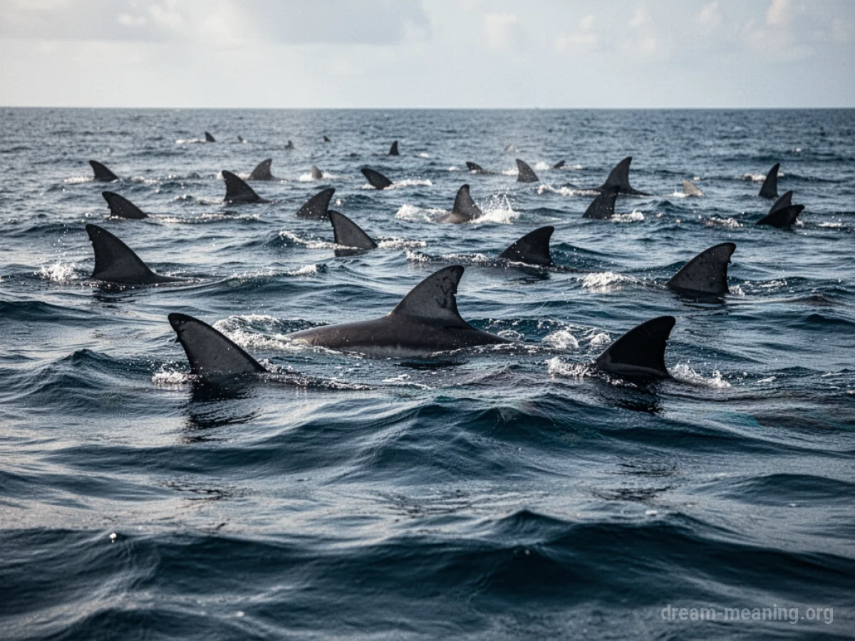 Numerous shark fins slicing through the water's surface.