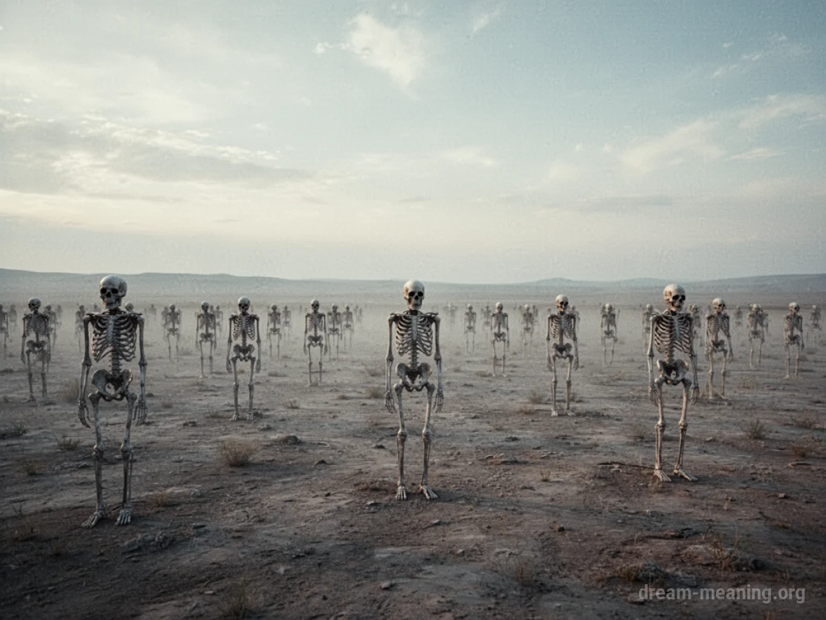 Numerous skeletal figures scattered across a desolate plain.