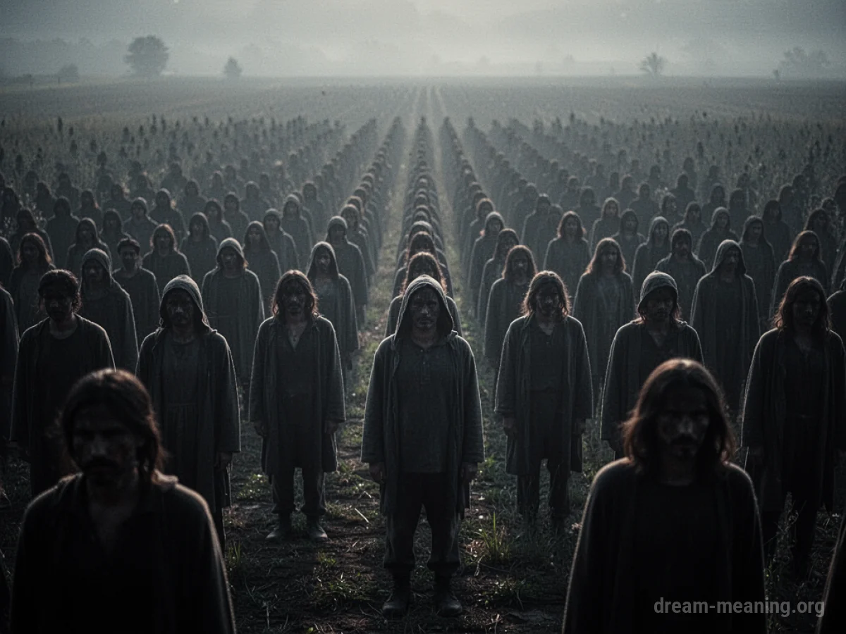 Numerous shadowy figures stand in neat rows across a large, dim field.