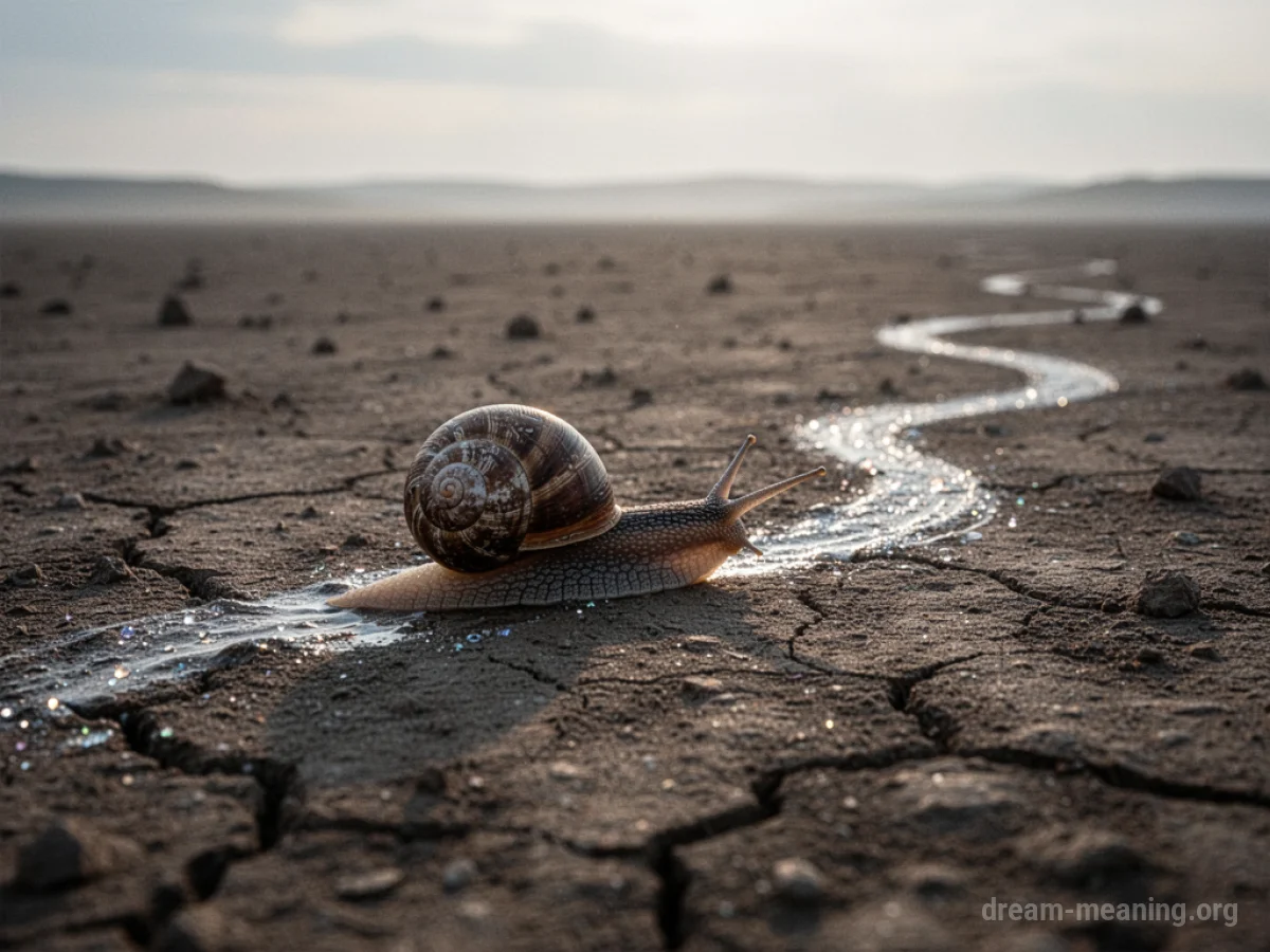 A single snail leaving a shimmering trail on a vast, barren landscape.