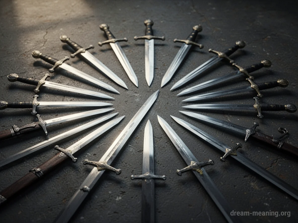 Multiple polished metal swords arranged in a circle.