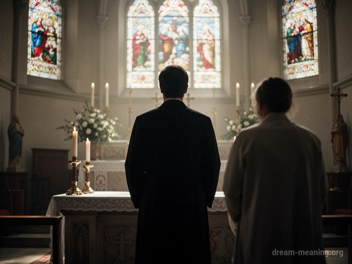 Silhouette of a person at an altar with another figure.
