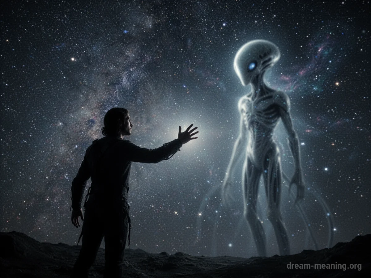 Silhouette of a person and a glowing alien figure against a starry night sky.