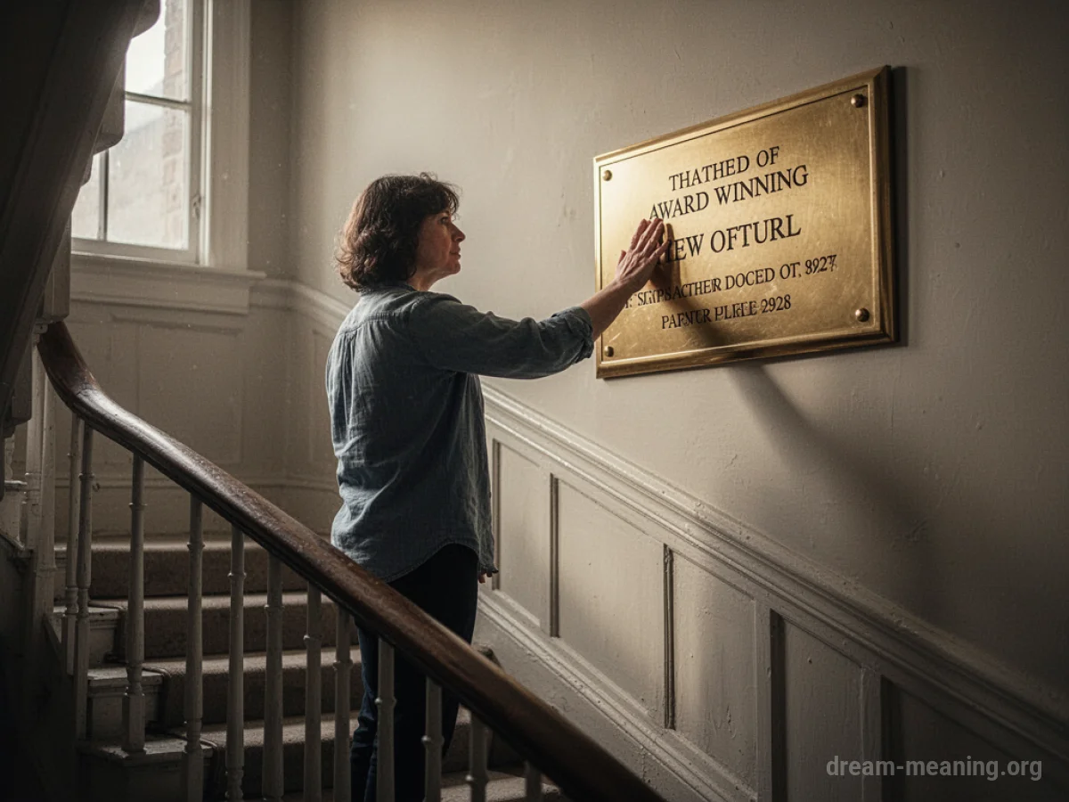 A figure ascends stairs towards a bright plaque.
