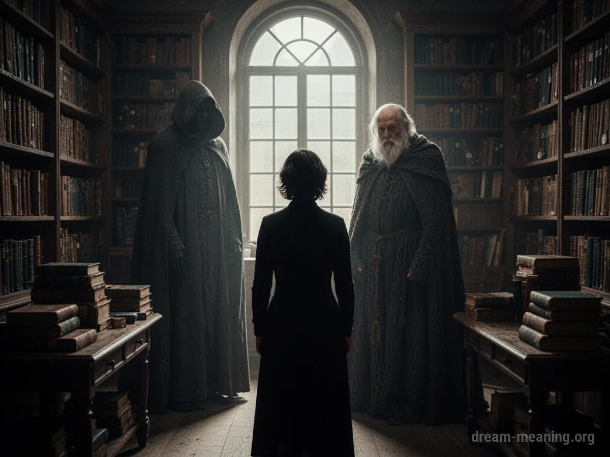 Silhouette of a person facing an elder figure in a library.