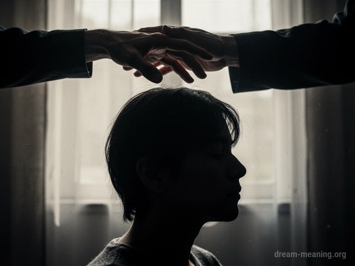 A silhouette of a person with a shadow figure's hand above their head.