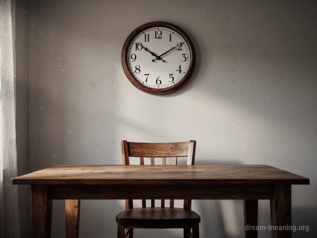 An empty chair at a table with a clock showing a past time.