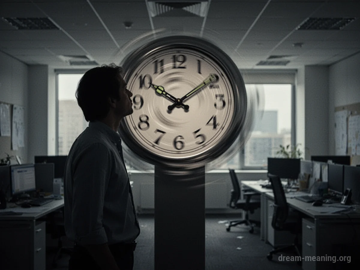 Silhouette of a person in an office looking at a clock with fast-moving hands.