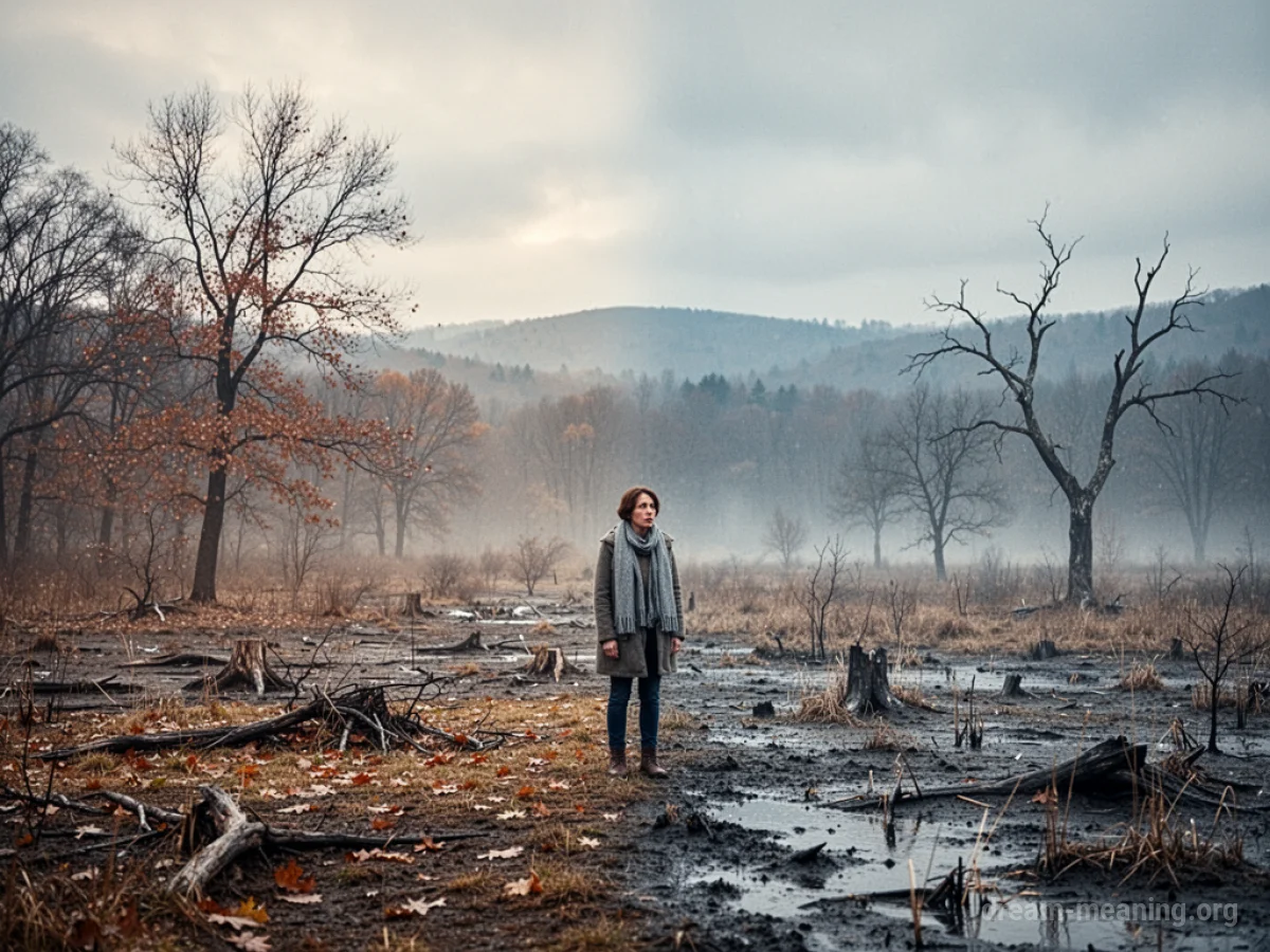 A stark landscape with a clear division between two incomplete seasons, a lone person standing at the edge.