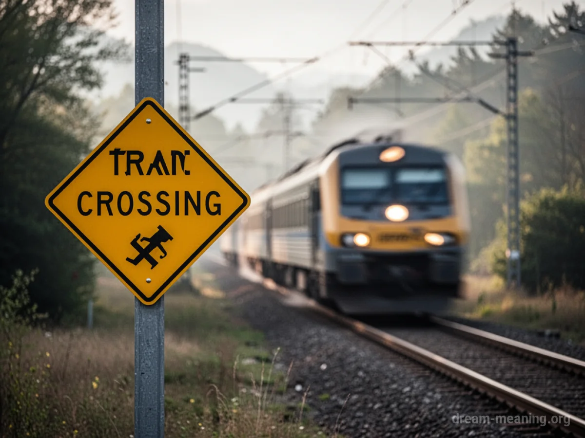 A blurry railroad crossing sign with a train approaching in the distance.