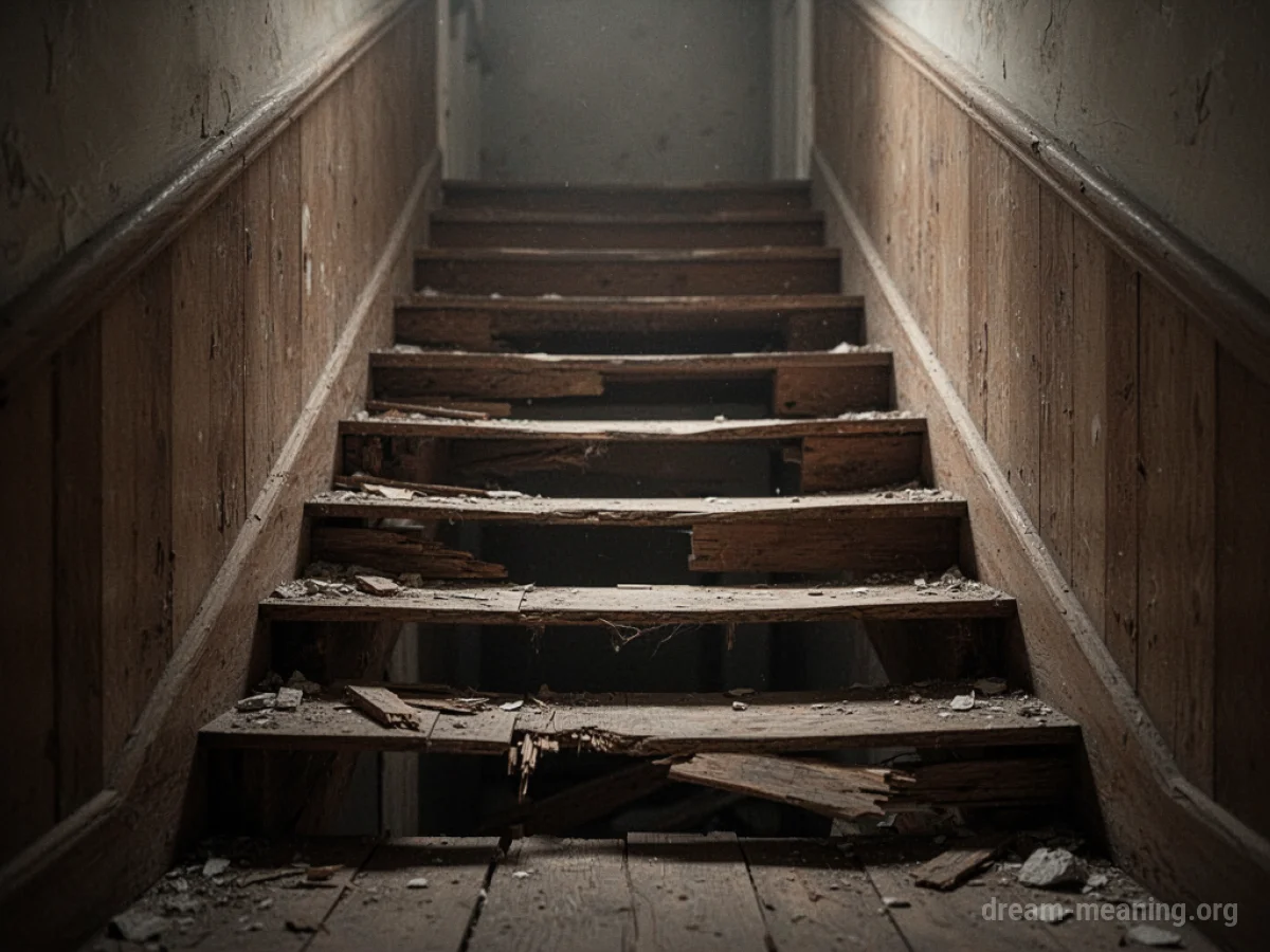A wooden staircase with several steps missing.