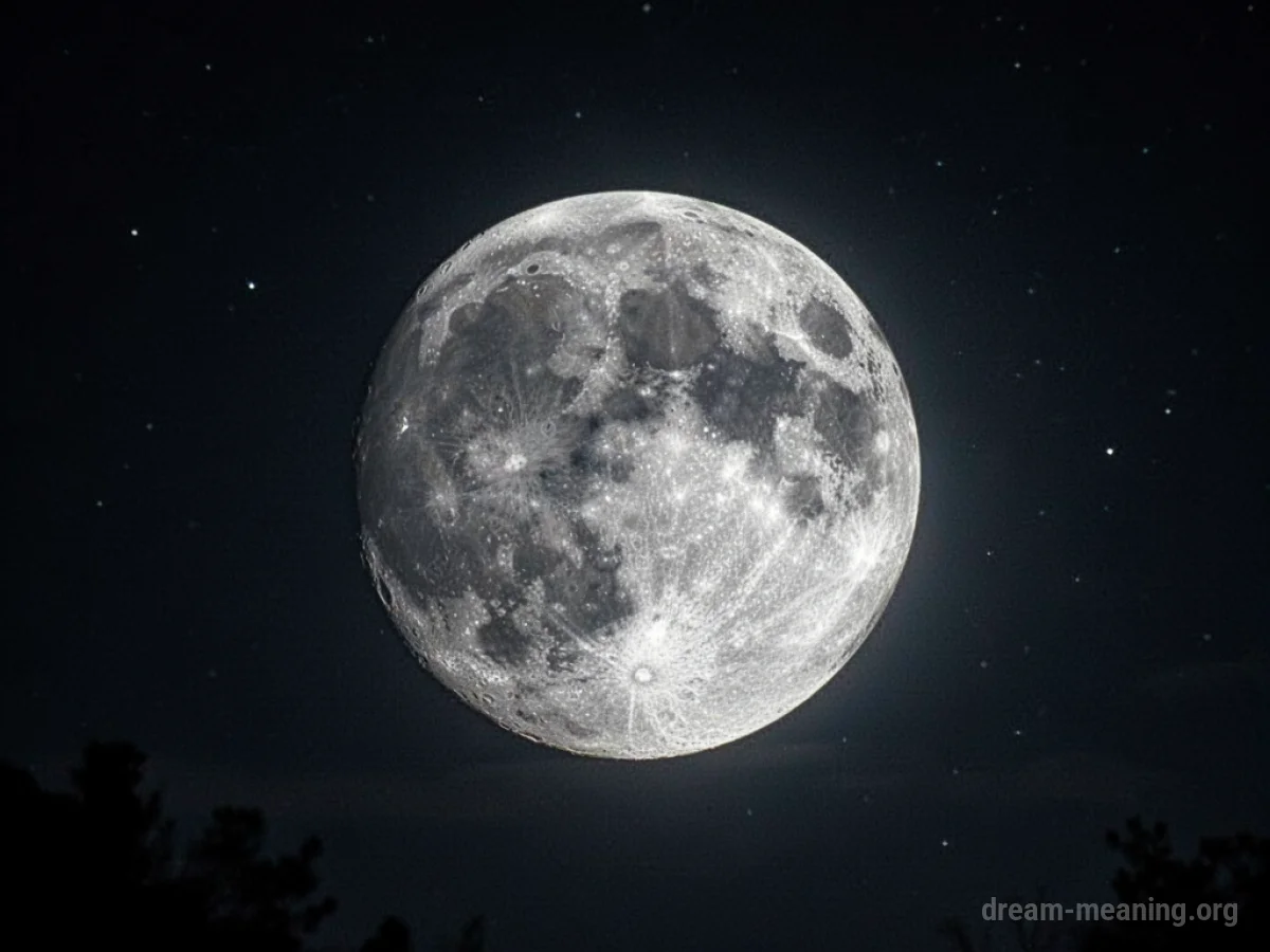 A full moon radiating a bright silver light against a dark night sky.