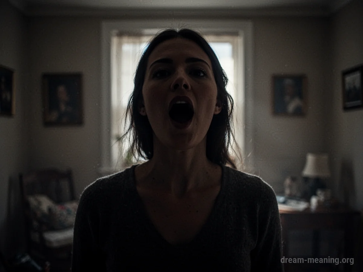 Silhouette of a woman with her mouth open against a dark background.