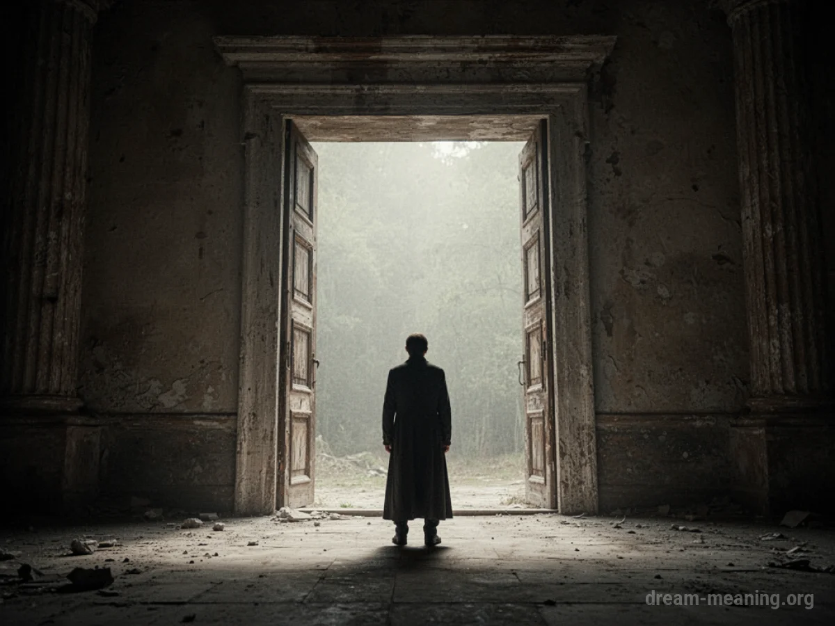 A shadowed silhouette stands before a large, empty doorway.