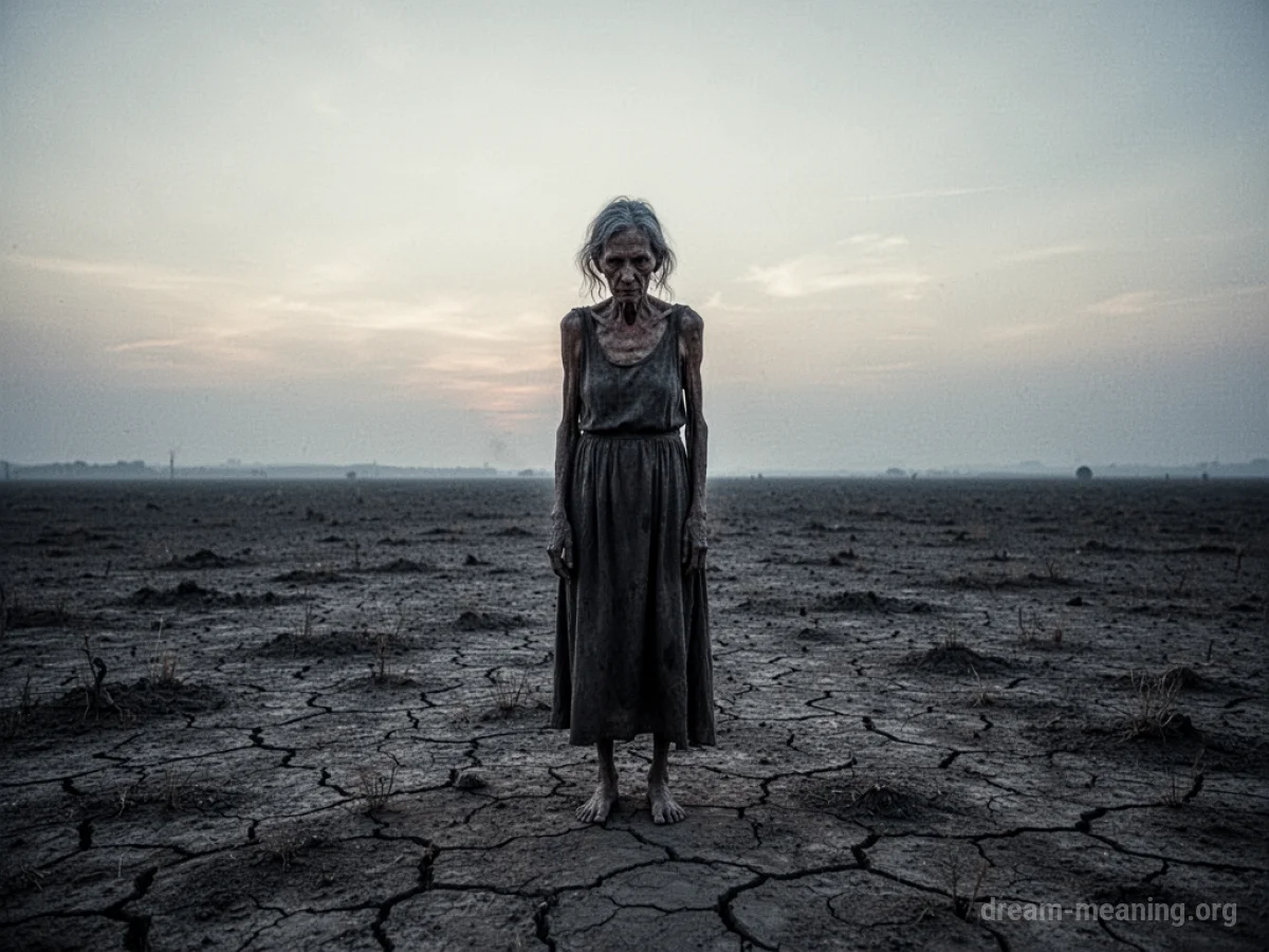 Silhouette of a thin woman standing in a dry, cracked desert landscape.