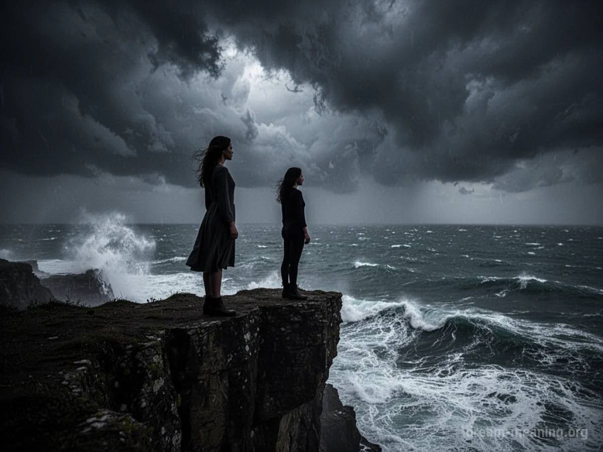 Silhouette of a woman on a cliff edge overlooking a stormy sea.