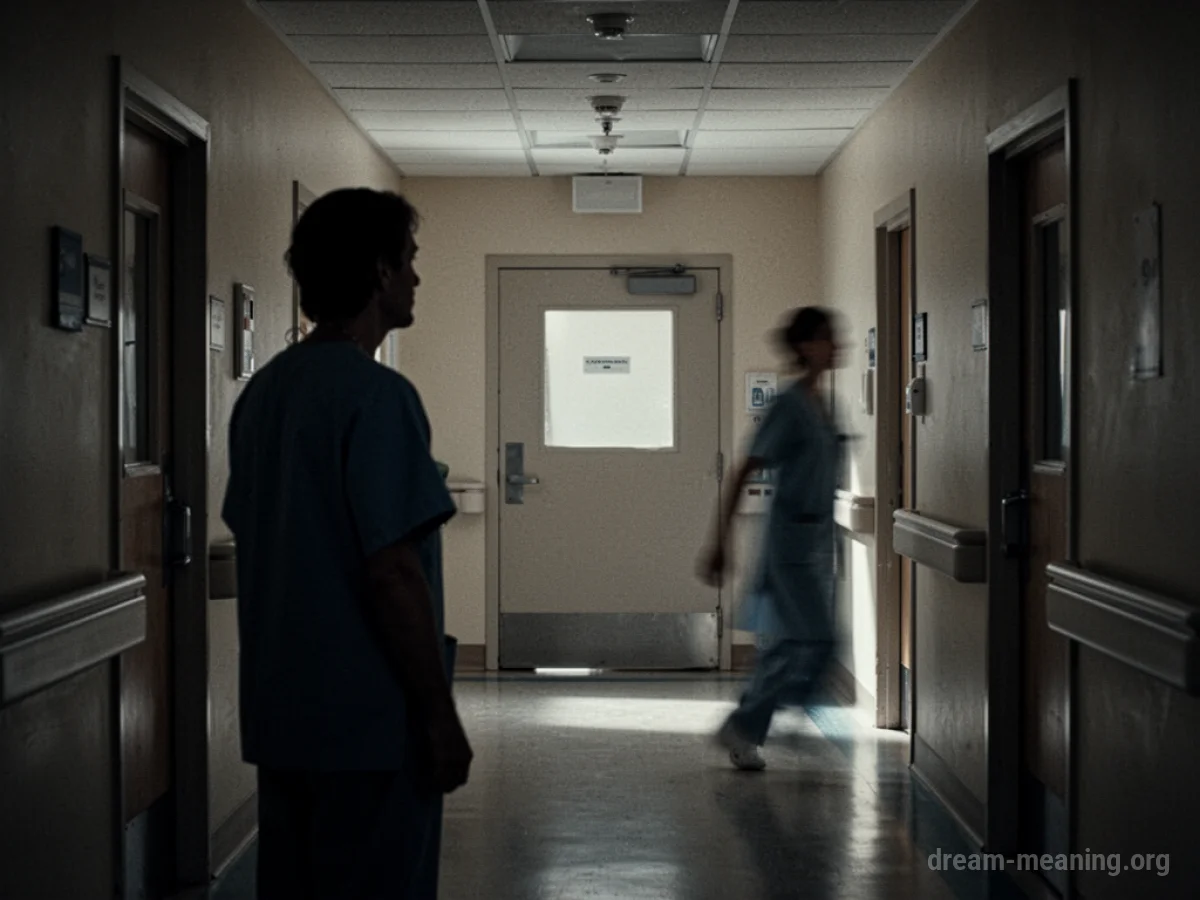 Silhouette of a person in a hospital hallway looking at a closed door.