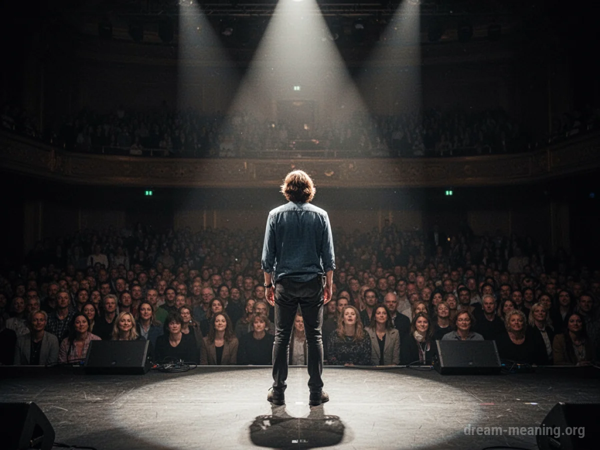A person stands alone on a stage illuminated by spotlights, with an unseen audience in the darkness.