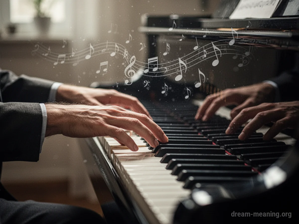 Hands hovering above a piano keyboard with ethereal musical notes.