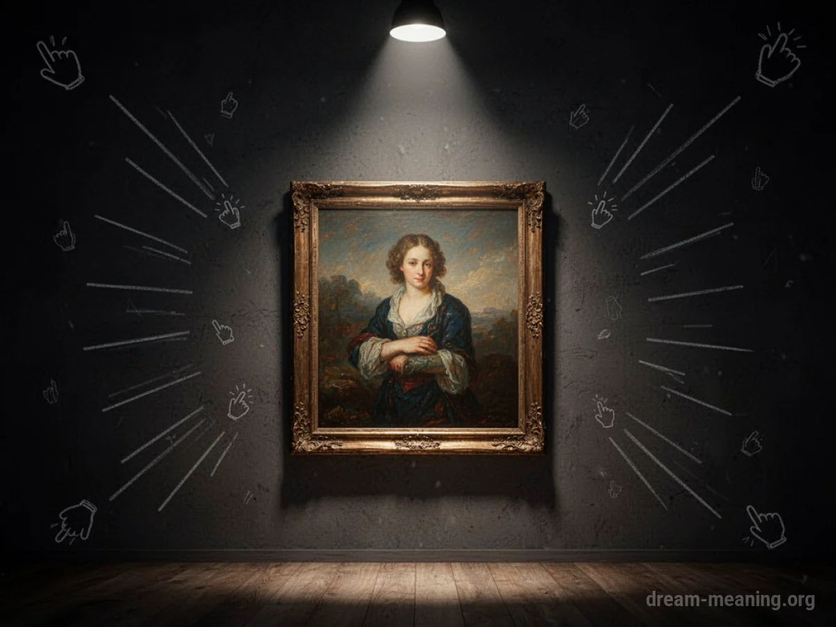 A framed painting illuminated by a spotlight.