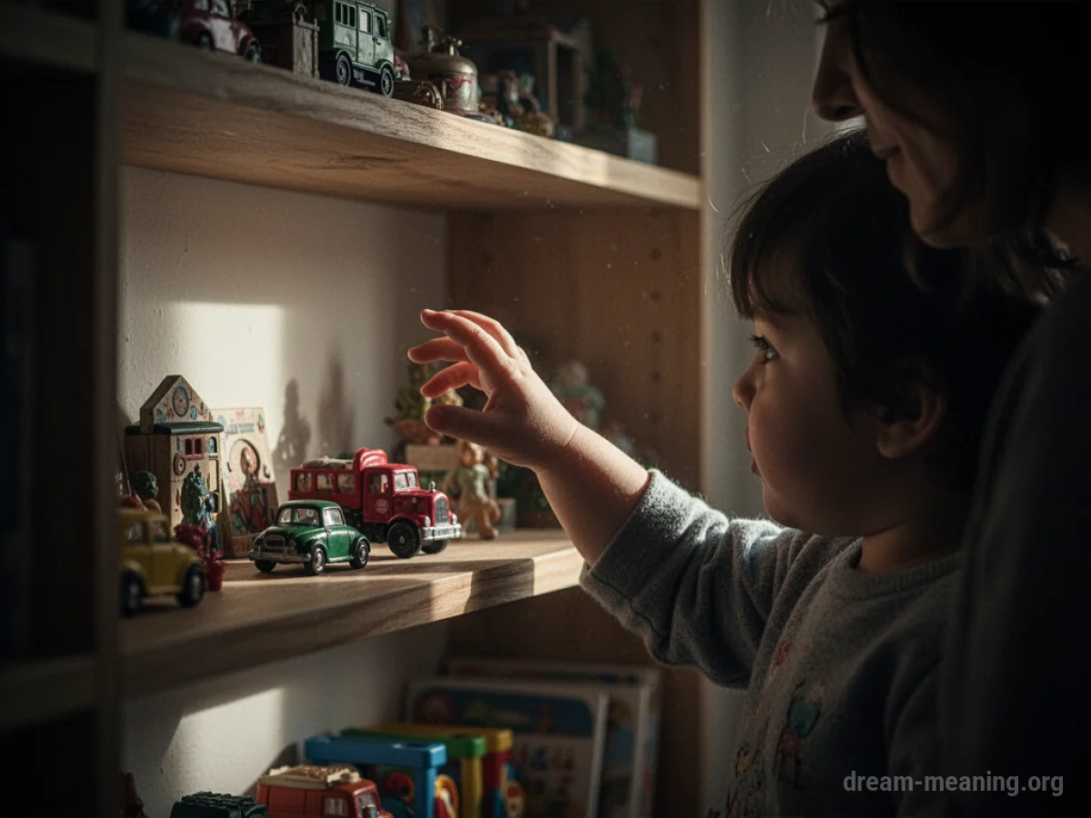 A child's hand reaching towards a toy on a shelf, with a parent's shadow looming nearby.