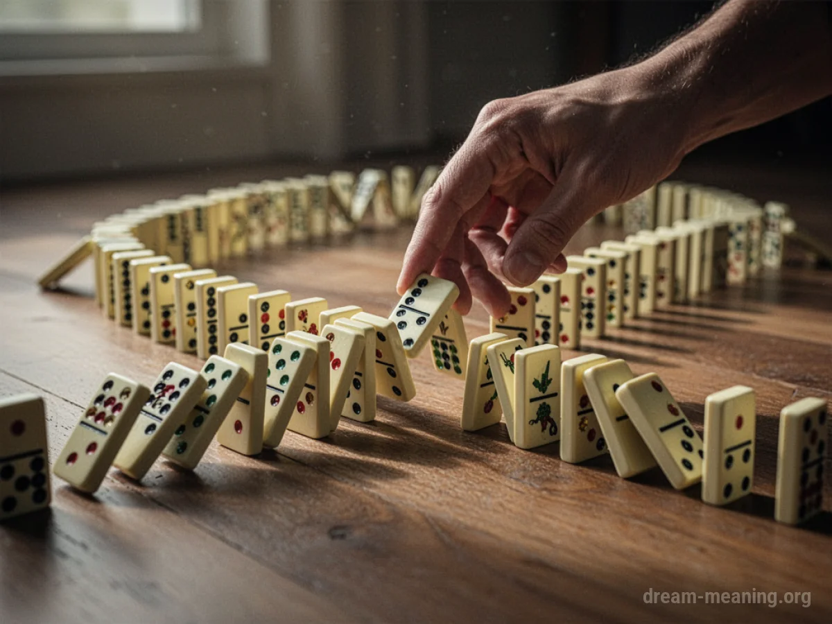 A chain of dominoes falling after one is pushed.