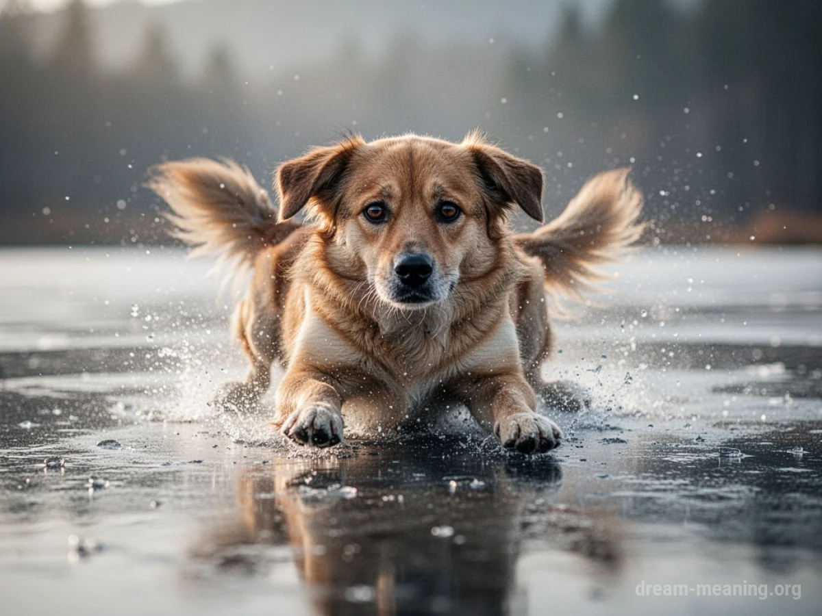 A dog sliding forward on a smooth, wet surface.