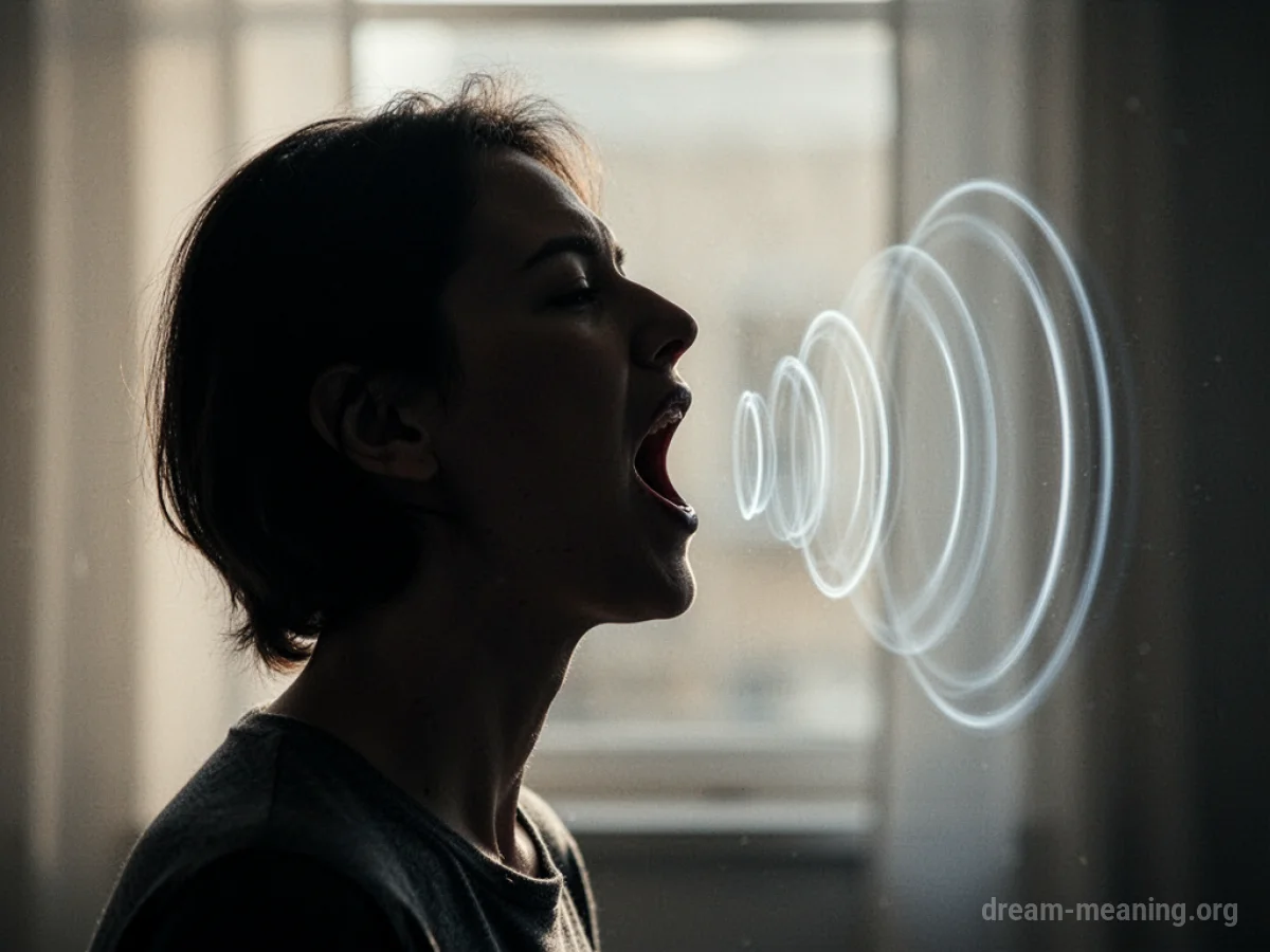 Silhouette of a person screaming, with abstract sound waves.