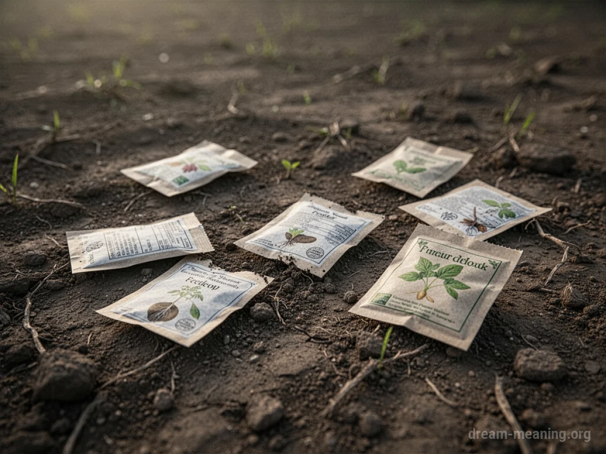 Scattered empty seed packets on dry earth.