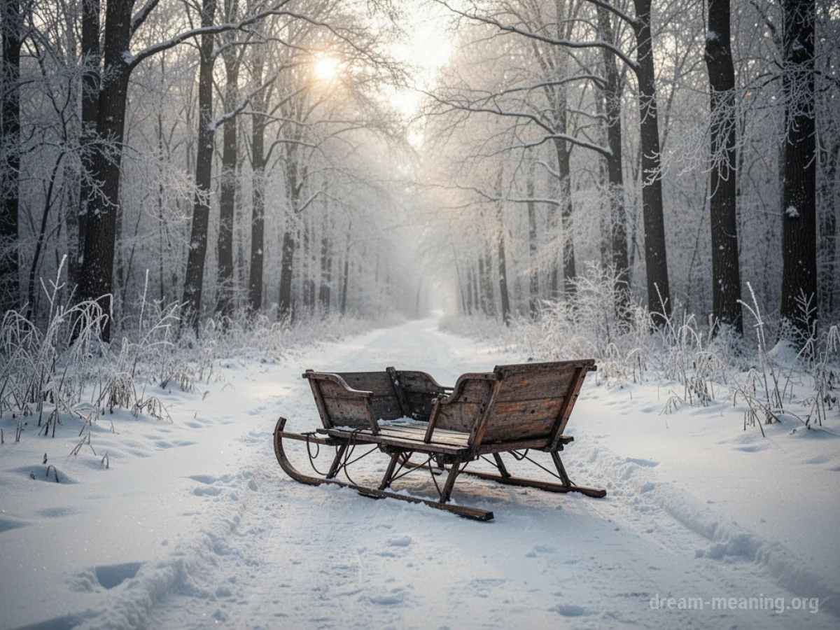 An empty wooden sleigh sits on a snowy path in a winter forest.