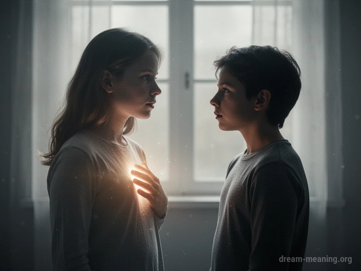A luminous silhouette of a person facing another listening silhouette.