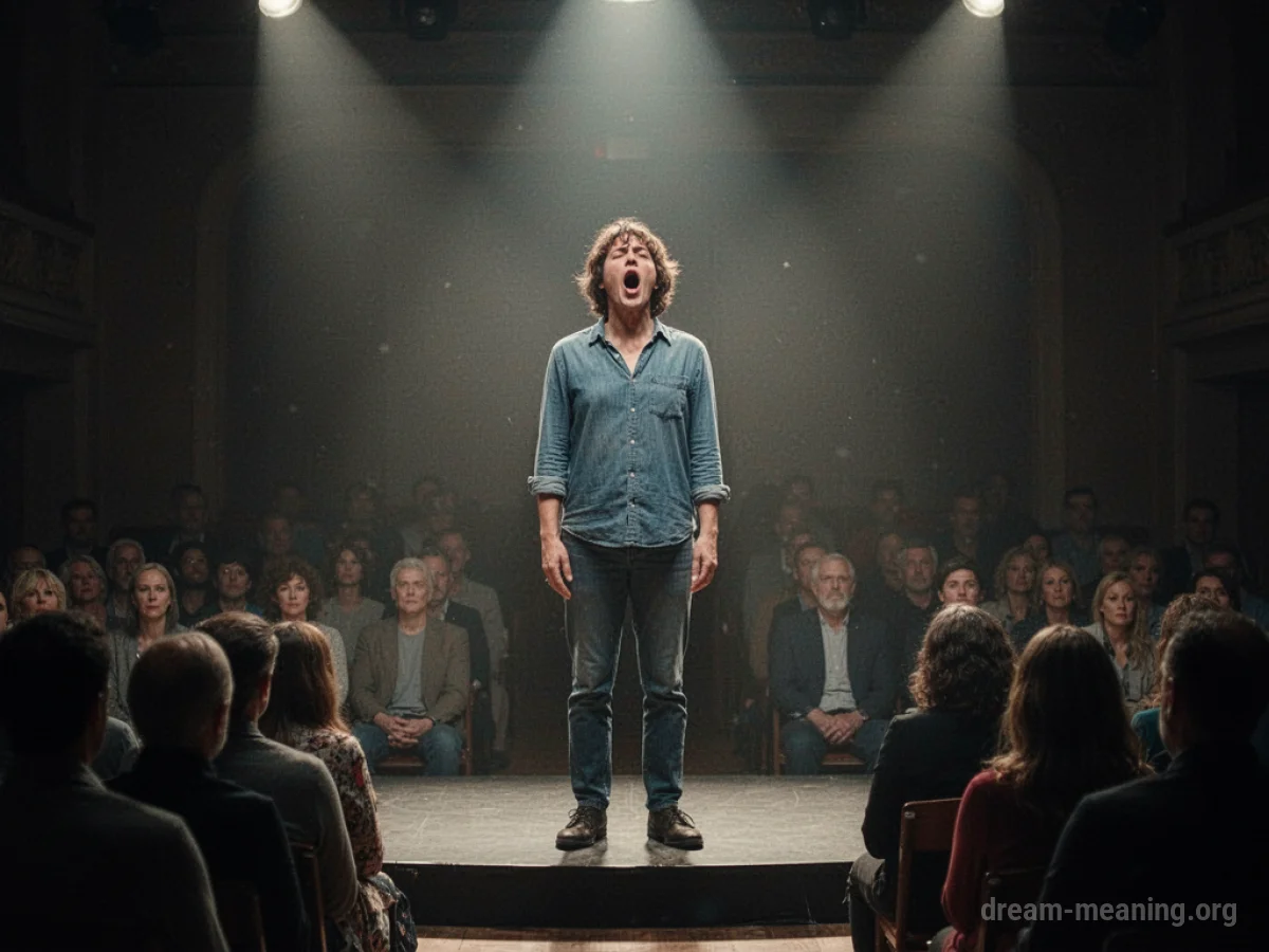 A person on a stage with their mouth open, unable to speak, facing a quiet audience.