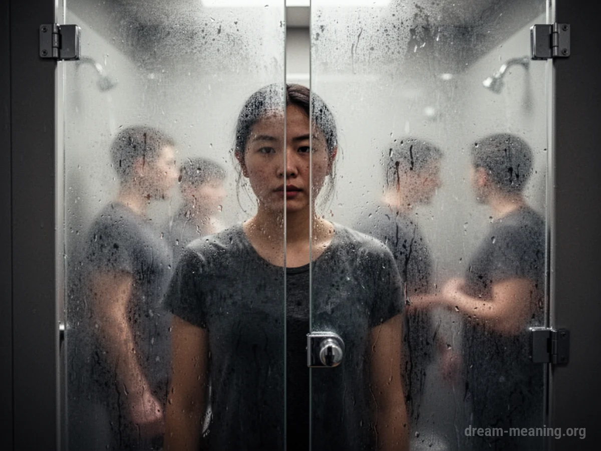 Silhouette of a person in a public shower stall.
